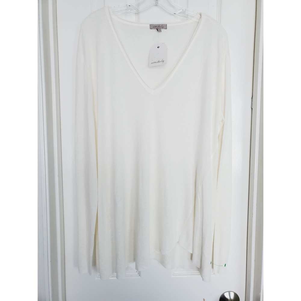 Wonderly Sheer Top Cream V-Neck Long Sleeve Lightweight Layering Casual NWT L
